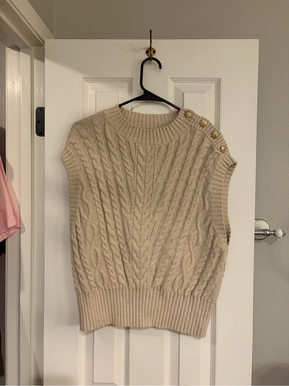 Loft Cable Knit Sweater Vest Large Cream Gold Button Shoulder